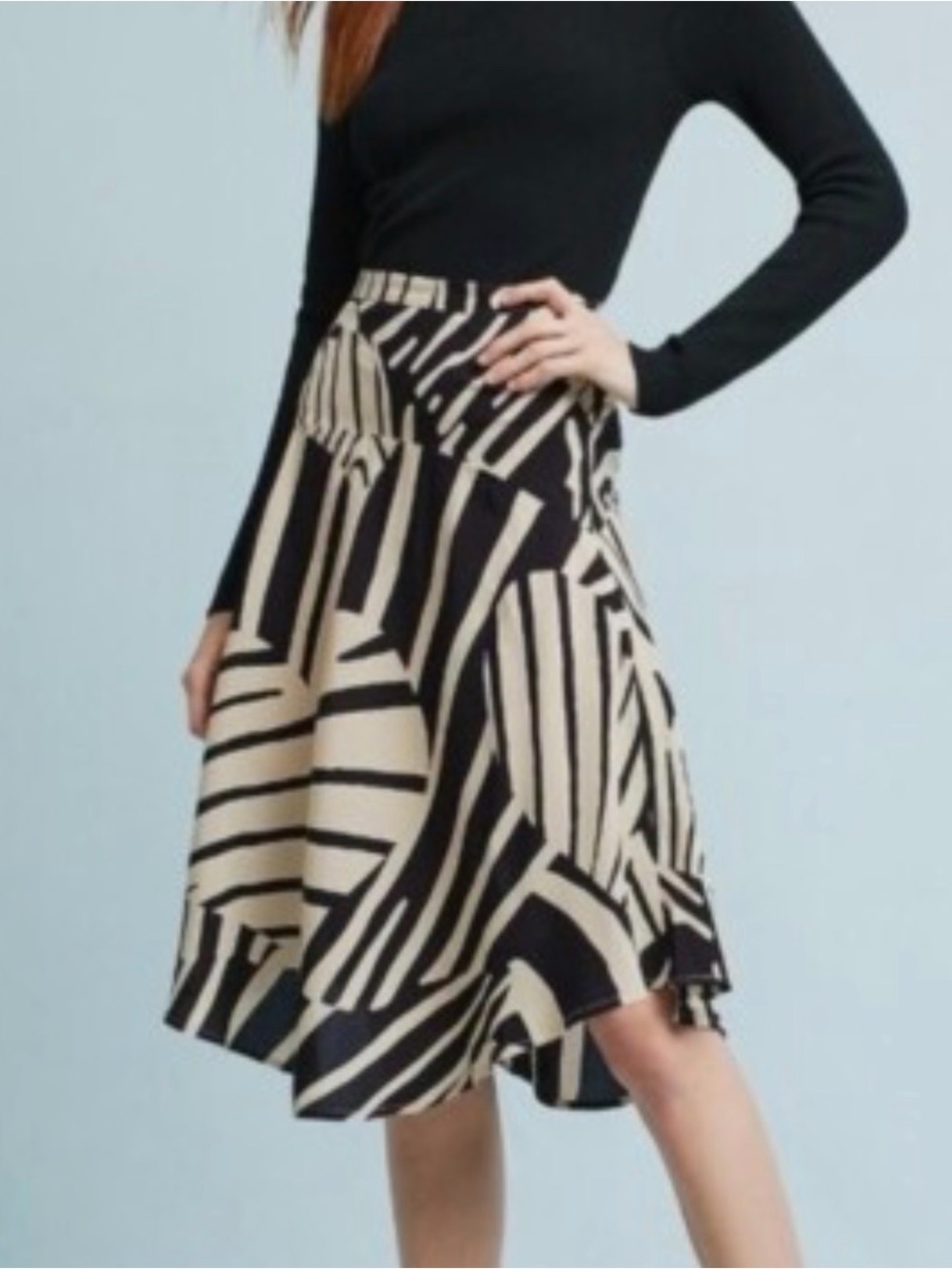 Maeve Black and Cream Striped A-Line Midi Skirt